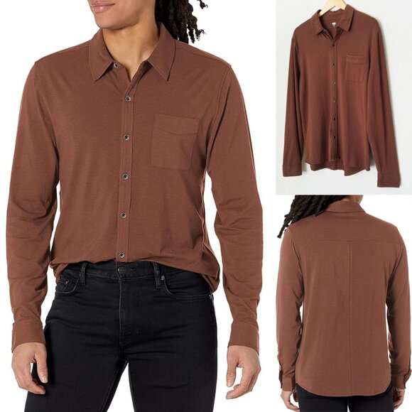 PAIGE Men's M Stockton Button Up Long Sleeve Jersey Shirt Ruby Rum Brown Stretch - Picture 1 of 16